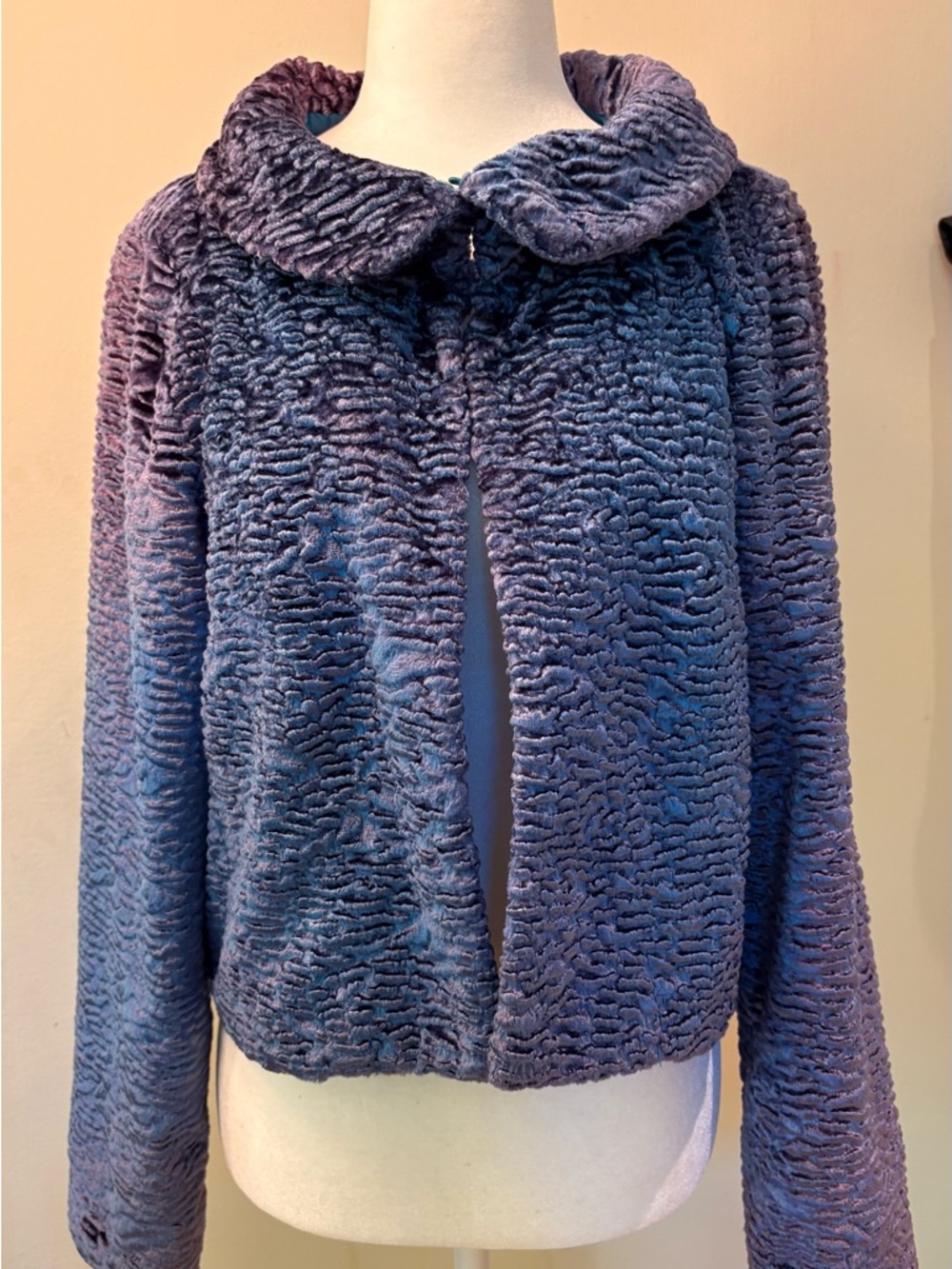 Susan Bristol Plush Textured Faux Curly Lamb Jacket in Lavender-Blue Retro Sz S